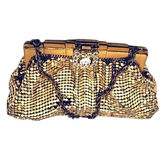 Whiting & Davis Vintage Bag Gold Mesh Evening Handbag With Rhinestone Clasp & Ch - Picture 4 of 10